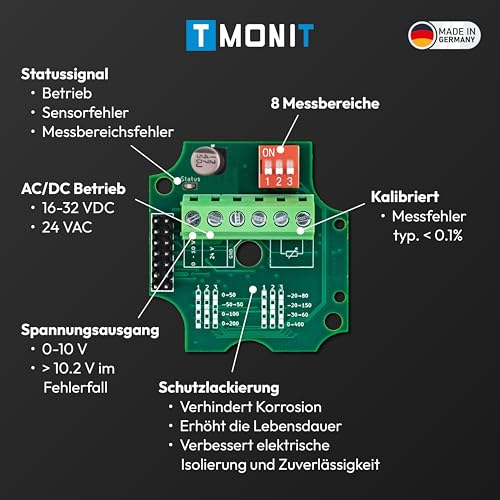 Active Temperature Transducer, 0-10 V, incl. Sensor PT1000, Adjustable Measuring Range, Active Sensor Monitoring (2 m Sensor Silicone Cable) 2m Silikon-Leitung