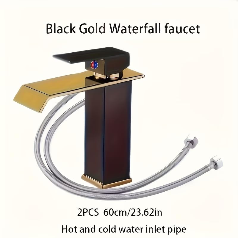 Luxury Waterfall Bathroom Sink Faucet, Matte Black & Gold Finish Single Hole Deck Mount Tap, 304 Stainless Steel Modern Basin Mixer with Ceramic Valve, Water-Saving Waterfall Spout