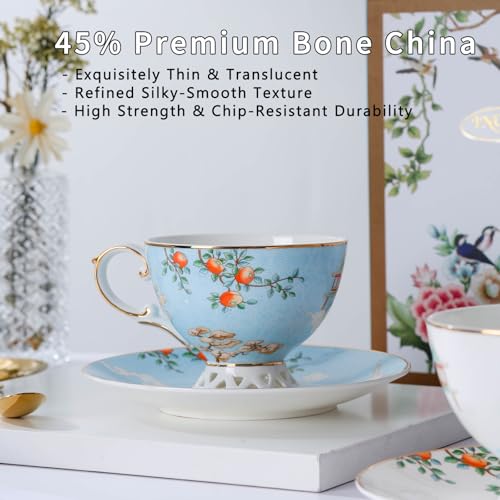Blue Tea Cup and Saucer Set, Bone China Tea Cup and Saucer with Spoon, Porcelain Floral Teacup Set with Gold Trim, Dishwasher Safe, Food Grade, Gift for Women, Mom, Friends, 6.8 oz