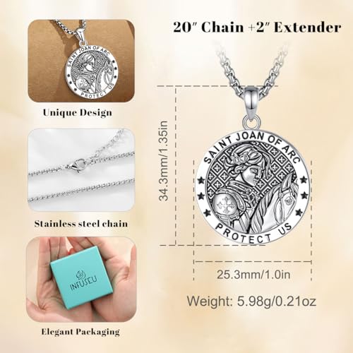INFUSEU St Joan of Arc Necklace Saint Christian Warriors Jewelry for Women Prayer Medal Silver Courage Medallion Horse Lover Gifts Equestrian Pendant Religious Faith Protection Inspirational