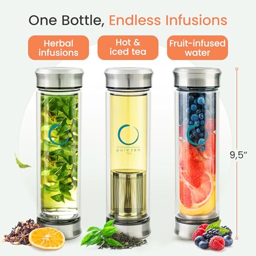 Pure Zen Tea infuser bottle with 13 oz capacity, stainless steel infuser, and lid, perfect for brewing loose leaf tea on the go.