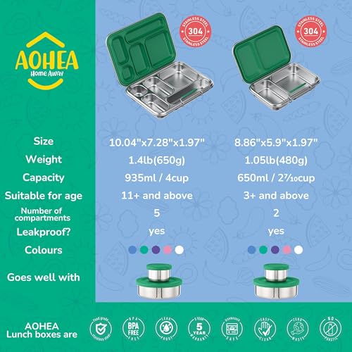 AOHEA Stainless Steel Lunch Box for Kids, Leak Proof Bento Lunch Box BPA Free 304 Stainless Steel Bento Box Stainless Bento Box with Containers for School and Office(Green) Green