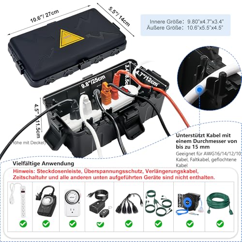Outdoor Electric Box, IP54 Waterproof Outdoor Outlet Covers, Weatherproof Extension Cable Covers, Protect Socket, Socket, Timer, Plug, Holiday Light (27 x 14 x 11.5 cm), Black
