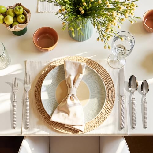 KINGSTONE 5-piece silverware serving set with 18/10 stainless steel, includes forks, knives, and spoons arranged on a table.