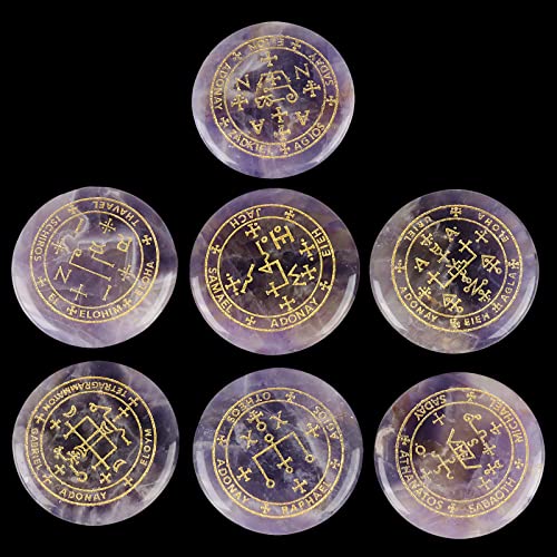 mookaitedecor 7 Piece Stones with Engraved Magic Archangel Symbol Purple Amethyst