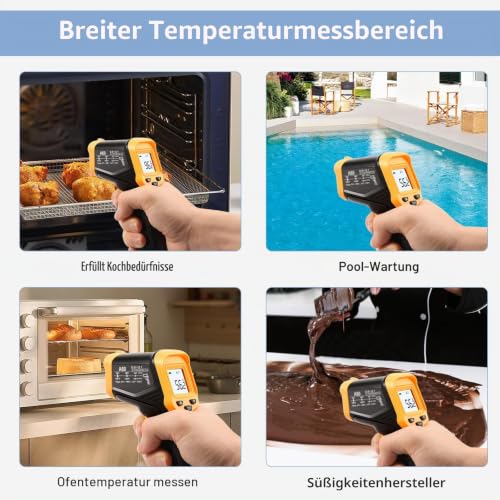 Infrared Thermometer, -50°C to 600°C Lightweight Temperature Meter, Non-Contact Digital Laser Thermometer, Illuminated Screen, Non-Human - for Kitchen/Grill/Cooling/Industry Yellow