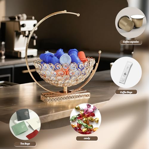 Metal & Crystal Coffee Pod Holder & Candy Basket - Elegant Multipurpose Storage Organizer for K Cups, Espresso Pods, Treats - Kitchen, Office, Home Bar (Gold, 2 PCS) Gold