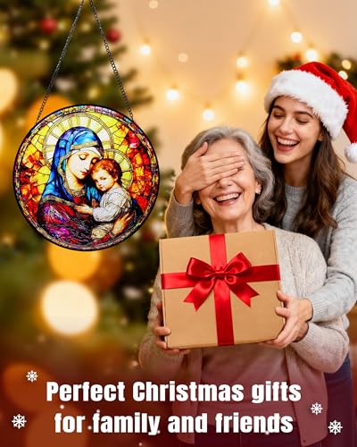 8” Round Stained Glass Suncatcher for Windows Hanging - Virgin Mary & Baby Jesus Design | Sun Catchers Indoor Window Decor & Christian & Catholic Wall Art, Religious Gift for Mother/Mom