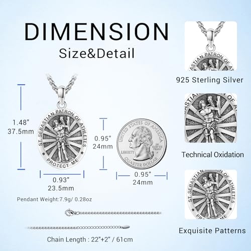 St Sebastian Medal Necklace for Men Women, 925 Sterling Silver Patron Saint Medal Necklace Catholic Protection Pendant Amulet Religious Jewelry Gifts Silver St. Sebastian