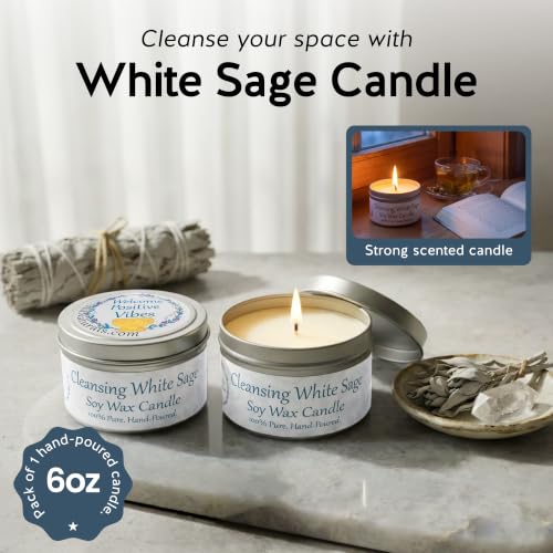 White Sage Soy Wax Candle, 6oz Non-Toxic Aromatherapy for Home Cleansing 6 Ounce Tin