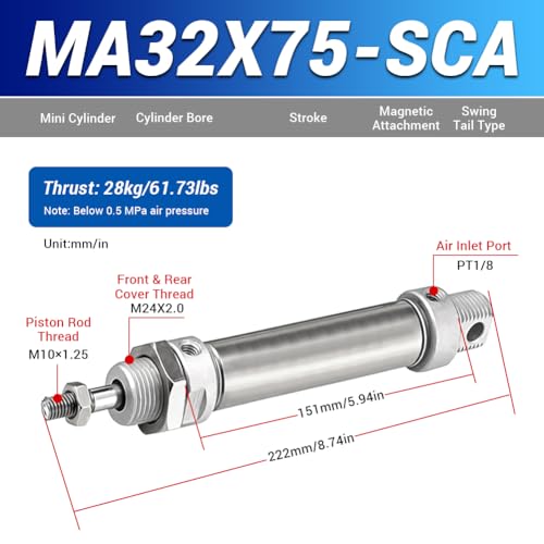 MA Mini Pneumatic Cylinder, 32mm Bore 75mm Stroke 1/8 Port, Dual Action Single Rod Air Cylinder, Stainless Steel Body for Industrial Automation Bore 32mm(1.26in) Stroke 75mm(2.95in)