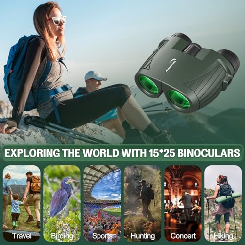 Aurosports 15x25 Compact Binoculars for Adult Kids - High Power Binoculars for Bird Watching - Easy Focus Small Binocular with Low Light Vision for Travel, Camping, Concert, Hiking -Green green