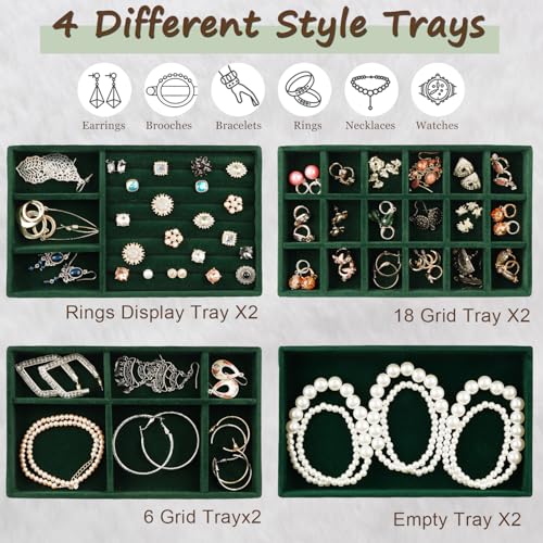 Jewelry Drawer Organizer, 8 Set of Stackable Velvet Organizer Tray, Drawer Inserts for Jewelry Organization, Showcase and Safely Store Your Collection with Elegance and Sophistication (Green) Green