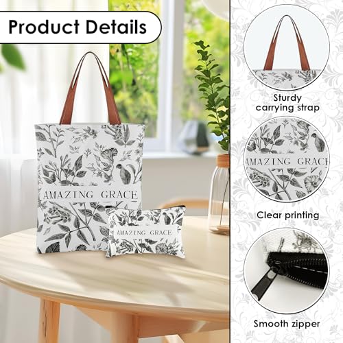 Religious Tote Bag Set with Makeup Bag, Floral Bible Verse Canvas Tote
