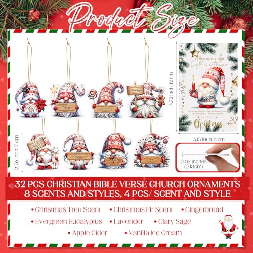 Loopeer 32 Sets Christian Christmas Ornaments Gifts with Bible Card Air Freshener Scented Hanging Gnome Religious Christmas Ornaments for Tree Women Men Family Church
