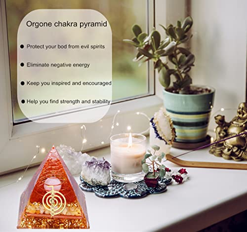 Orgone Pyramid for Positive Energy, Chakra, Wealth, Success - Chakra Orgonite Pyramid with Gemstones, Lucky Crystals, and Attract Lucky Home Decor Citrine Meditation