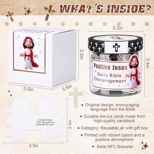 Hollowfly Easter Positive Jesus Cards Jar Set with Rubber Cross-60 Daily Encouragement & Scripture Bracelet Mini Jesus Blessings, Easter Emotional Christian Gift for Women Family Friends Colleagues