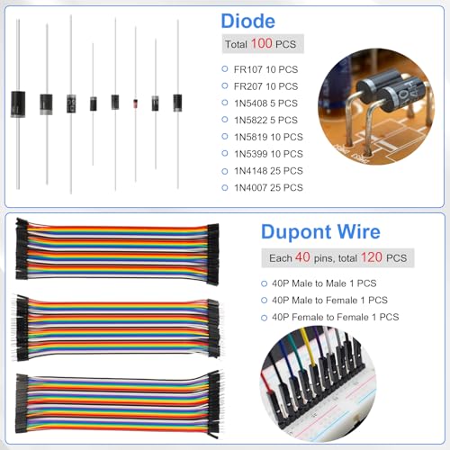 1628PCS Electronic Component Kit, 3mm and 5mm LED Lights Emitting Diodes Assortment Set Kit, Ceramic Capacitors, Resistor, Transistor, PCB Potentiometer 1628 PCS