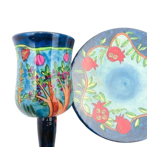 Yair Emanuel | Large Wooden Kiddush Cup and Saucer Set | 7 Species Design | CU-3