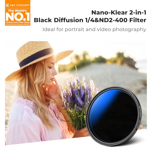 K&F CONCEPT 82mm Black Diffusion 1/4 & Variable ND2-400(1-9 Stops) 2-in-1