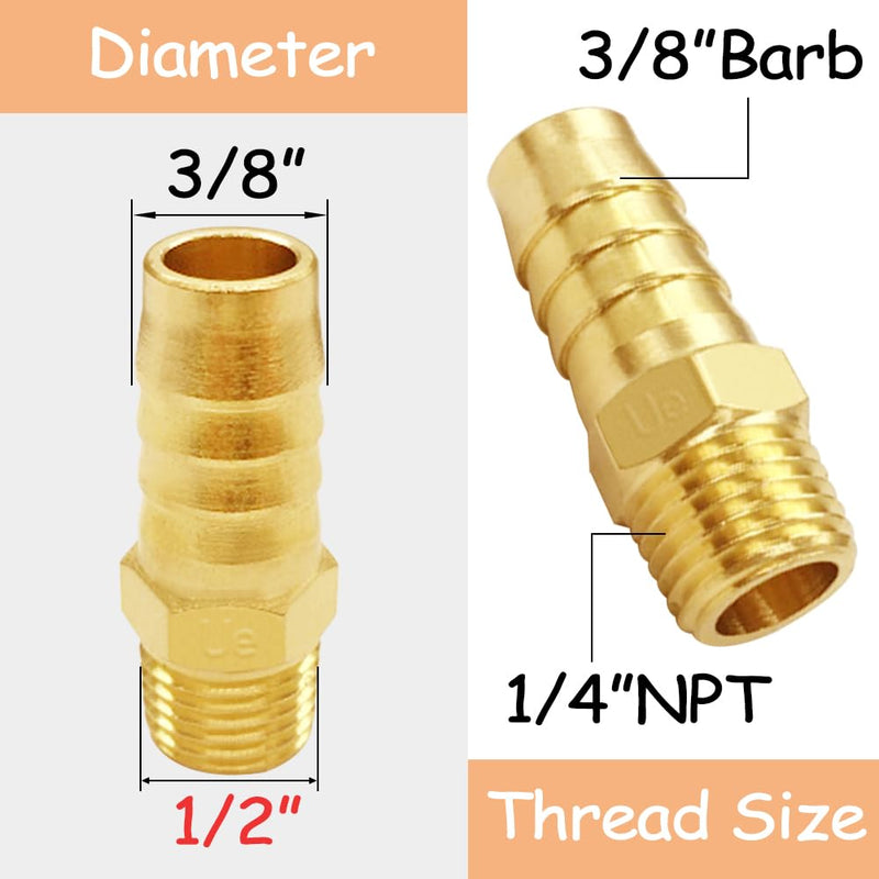 [Australia - AusPower] - 6PCS Brass Hose Barb Fittings 1/4" NPT Male to 3/8" Barb Adapter Connector Include 6 Stainless Steel Clamps for Water/Oil/Gas 3/8"Barb 1/4"NPT Male 