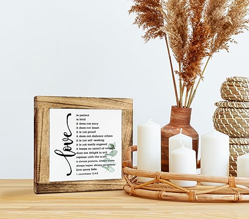Bible Verse Corinthians 13:4-8 Box Sign, Love Never Fails, Wooden Plaque Gift Tabletop, Rustic Love Sign, Wood Block Plaque for Anniversary, Religious Home Decor, Gift for Couple, Wedding Gift Inspirational05