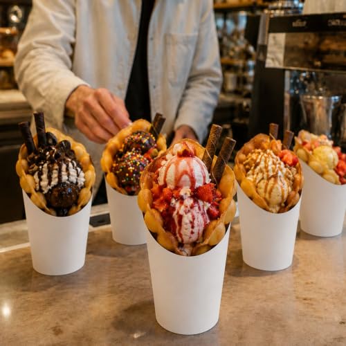 Restaurantware Bio Tek 12 Ounce French Fry Containers, 100 Disposable Charcuterie Cups - Incline Design, Round, White Paper French Fry Cups, Stackable, For Waffles, Chips, or Popcorn 12 oz