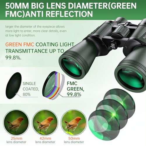 20x50 High Powered Binoculars for Adults, Waterproof Binoculars with Low Light Vision for Bird Watching Hunting Camping Travel Cruise Hiking Sports Stargazing, Gifts for Men Dad Green