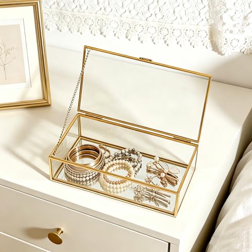 Feyarl Gold Glass Jewelry Box Clear Keepsake Photo Display Box Trinket Ring Earrings Organizer Display Case Holder for Dresser Home Decor Dresser Wedding (8 x 4.3 x 2.2 inch) 8 x 4.3 x 2.2 inch