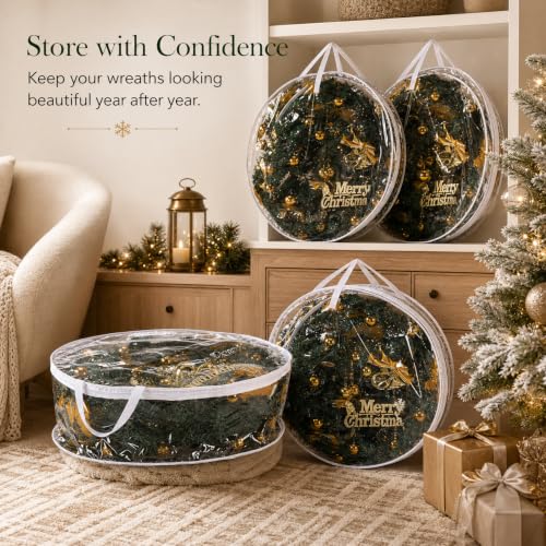 4 PCS Clear Wreath Storage Bag, 24x8 Inch Christmas Wreath Storage Container, Heavy Duty PVC Wreath Protector with Handle for Xmas Holiday Seasonal Wreath Garland (White)