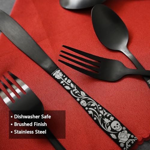 20-Piece Matte Black Silverware Set for 4, Skull Rose Cultery Set 18/0 Stain Finish Stainless Steel, Gothic Skeleton Pattern Decorative Flatware Set, Daily Halloween Party Event Serving For 4 20PCS