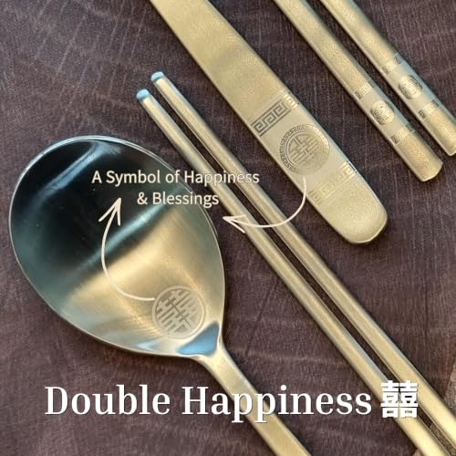 ONGI Korean Spoon and Chopstick 2 Set – Premium 18/10 Stainless Steel – Double Happiness Design – Gift-Ready – Made in Korea – Dishwasher Safe (Hee Pattern Silver 2 Set)