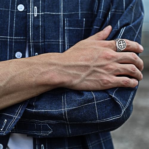 Flonge Cross Ring for Men: Jerusalem Cross Stainless Steel Ring Religious Cross Signet Rings Christian Baptismal Amulet Gift 11(V1/2)