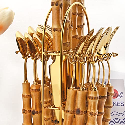 24-Piece Gold Stainless Steel Flatware Set, Bamboo Handle Cutlery with Stand Dinnerware Set Include Knife Fork Spoon And Teaspoon, Service For 6, Mirror Finished.