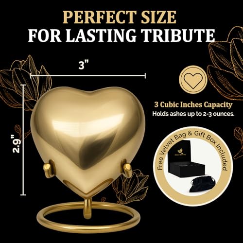 Small Urns for Human Ashes - Golden Heart Urn with Stand Small