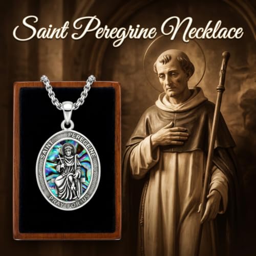 DAYLINLOVE Saint Peregrine Necklace 925 Sterling Silver Saint of Cancer Abalone Shell Pendant Necklace Christian Religious Catholic Jewellery Gift for Women Men