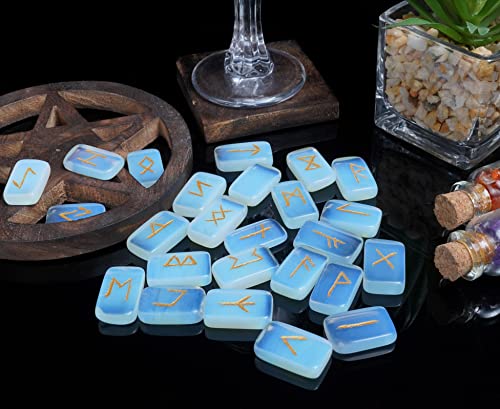 ZAICUS Opalite Rune Stones Set with Engraved Elder Futhark Runic Alphabet Pagan Lettering Viking Runes for Divination Norse Witchcraft Healing Crystal Reiki Gemstones Irregular Shaped 25 Pcs #20 Opalite Rune