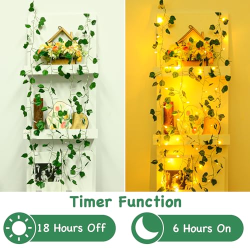 Gcstnn Ivy Fairy Lights, 2M 20LEDs Fake Vines with Lights Battery Operated with 6h Timer, IP65 Waterproof Ivy Leaf Garland Artificial String Lights for Bedroom Wall Garden Decorations