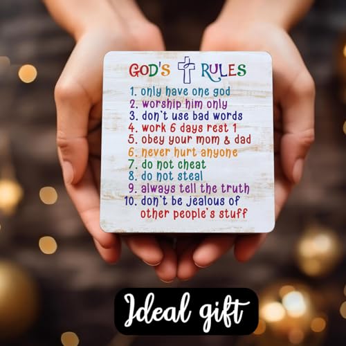 Ten Commandments Plaque Sign Decor for Kids, Boys, Girls Bedroom, Toddler Room or Nursery - Religious Bible Verse Desk Plaque Sign Gift Kids, Boys Girls, Christian Scripture Home Decoration