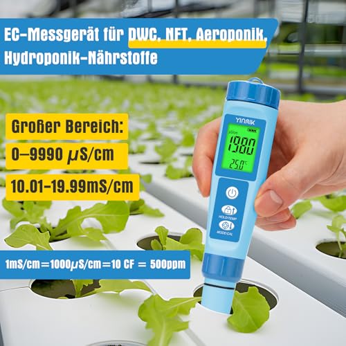 YINMIK pH Meter Digital pH EC Meter Grow Pool pH Meter | pH EC Meter for Hydroponics, TDS Tester for Drinking Water, 4-in-1 pH Conductivity PPM Temp Meter for Pools Aquarium blue pH meter