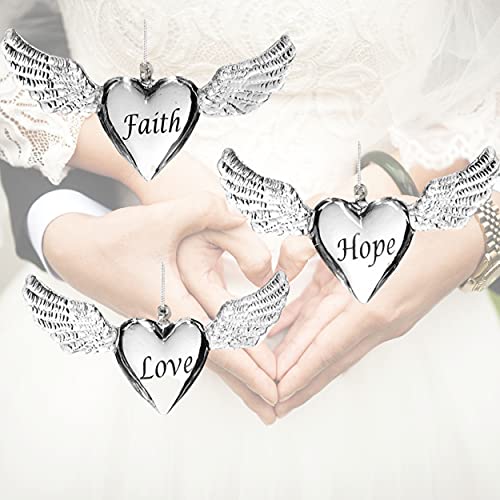 Faith Hope Love Angel Wings Ornaments Set of 3 – Heart Shaped Inspirational Hanging Décor – Christmas Tree Ornaments or Year-Round Memorial & Spiritual Home Decor – 4 Inch Keepsake Gifts