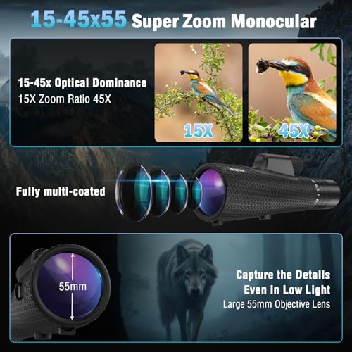 15-45x55 High Power Zoom Monocular Telescope for Adults Bird Watching 15-45x55