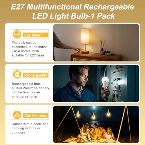 E27 LED Light Bulb with Battery Remote Control Dimmable Battery Bulbs 2600 mAh | Outdoor lamp, timer light bulb base and USB rechargeable dual purpose for table lamp/camping (3000K/4000K/6500K) 3 Color Temperatures, 1 Piece