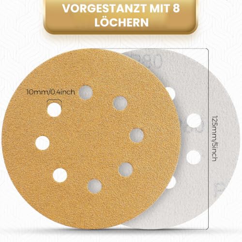 Pack of 120 Sandpaper 125 mm 40-800 Grit | Round sanding discs set for random orbital sanders for sanding wood, metal and paint coatings Mix grit 5 inch yellow 8 holes