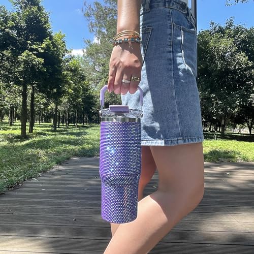 30oz Bling Rhinestone Studded Tumbler with Top Handle and Leakproof Lid Vacuum Insulated Stainless Steel Glitter Crystal Water Bottle with Flip Straw Reusable Cup Outdoors Travel Mugs (Violet) Violet