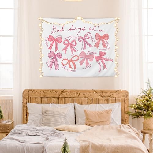 AQYIP Coquette Pink Bow Christian Tapestry, God Says I Am Motivational Bible Verse Tapestry, Pink Girly Christian Wall Blanket Decor for Girls Room Dorm Apartment, 50x60 Inch 4 - god says i am
