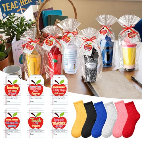 Hushee 6 Sets/ 18 Pcs Teacher Appreciation Gifts Set Thank You Gifts from Student Funny 16 oz Teacher Coffee Cup Fuzzy Socks Apple Card with 20 OPP Bags for Women Men Graduation End of Year