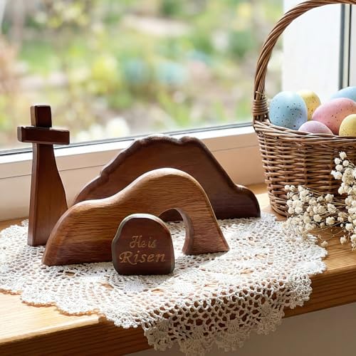 Wooden Christian Decor, Empty Tomb Cross and He is Risen Sign