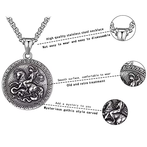 Meilord Stainless Steel St. George Dragon Slayer Pendant Necklace for Men Women Silver Religious Christian Catholic Medal Medallions Jewelry, 24 inch Chain