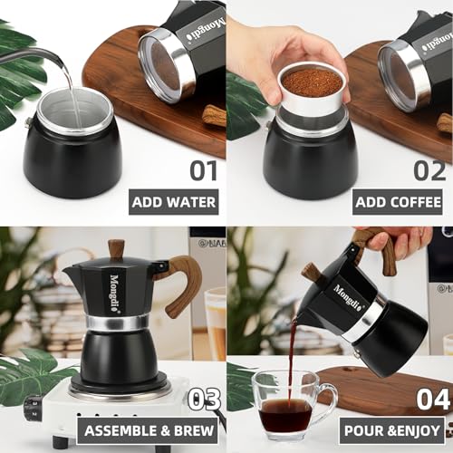 Mongdio Stovetop Espresso Maker Moka Pot, Cuban Coffee Maker Stove top coffee maker Moka Italian Espresso Greca Coffee Maker Brewer Percolator, 6 Espresso Cups, 10 oz - Black 6 cup